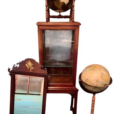 Globes & Antique Glass Cabinet & Mirror