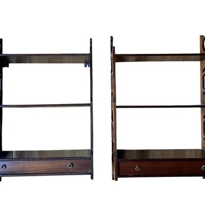 Two Carved Wooden Shelves w/ Drawers 