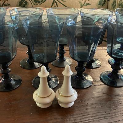 Lenox Salt and Pepper Shakers and Blue Lenox Glasses