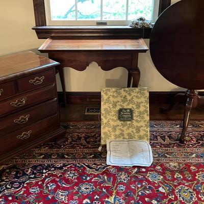 Bombay Co. Needlepoint Table (New in Box), Thomasville Chest of Drawers, and 2 Side Tables