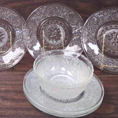 Floral Pressed Glass Plates and Bowls