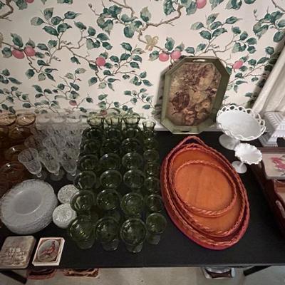 Assorted Vintage Glassware and Serving Trays 