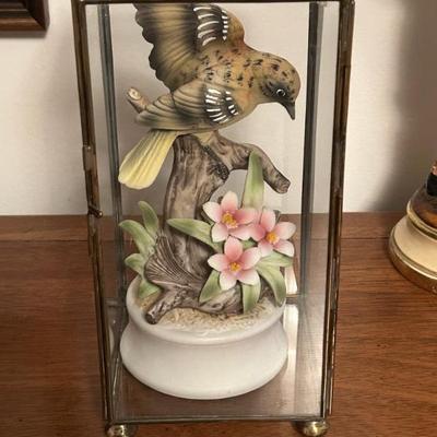 Porcelain Bird Figurine in Brass and Glass Display Case 