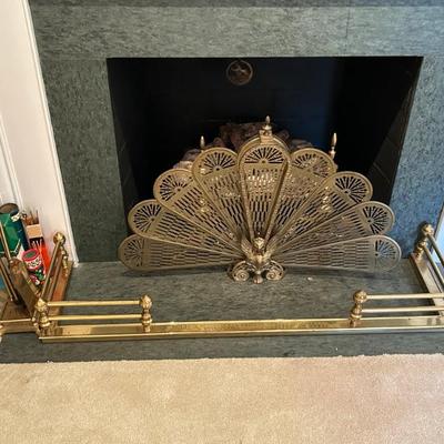 Brass Fireplace Peacock Screen, Fireplace Tools and Fireplace Fender 