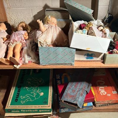 Assorted Vintage Dolls from the 1950's and 1960's and Board Games from the 1940's-1960's. 