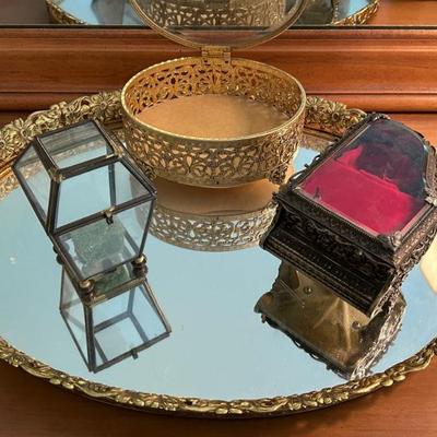 Gold Metal Mirror Plate with Music Box and Trinket Box 