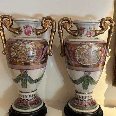 Pair of Painted Porcelain Double Handled Urns 