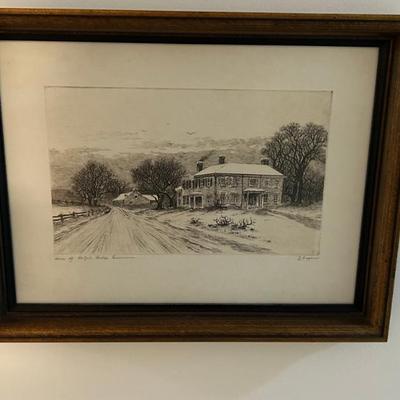 Framed Etching "Home of Ralph Waldo Emerson" by J. Fagan 