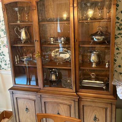 Gorgeous China Cabinet with SIlver Serving Pieces and Accessories 