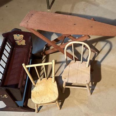 Vintage Children's Furniture - Rocking Crib, Chairs and Ironing Board 