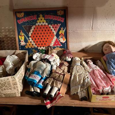 Assorted Dolls from the 1950's and 1960's and Vintage Chinese Checkers board. 