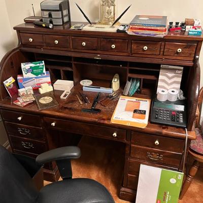Roll Top Office Desk and Office Supplies 