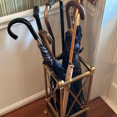 Brass Umbrella Stand w/ Umbrellas and Walking Canes 
