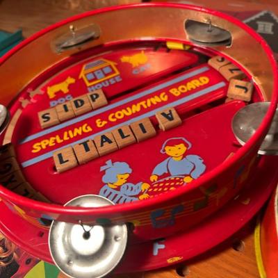 Vintage Children's "Spelling & Counting Board" and Tambourine 