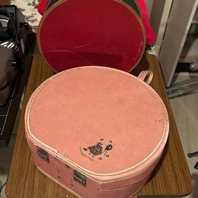 Pair of Mid Century Childs Hat Boxes, Travel Case Round, Mid Century Doll Suitcase. 