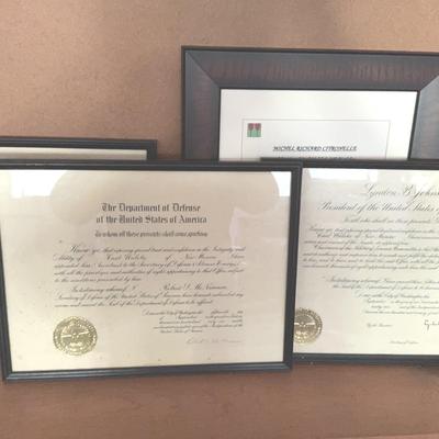 Framed Recognition Certificates-Lyndon Johnson, Cornell University, Dept of Defense