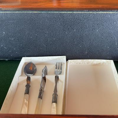Victorian Mother of Pearl Serving Pieces Caviar Condiment Set & Stag Handle  Carving Set 
