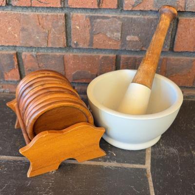Wood Coasters And Mortar And Pestle