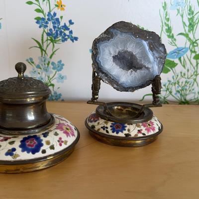 Antique Brass & Enamel Ink Pots  &  Geode
