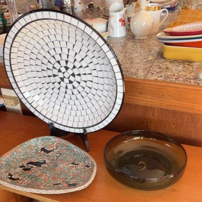White & Black Mosaic Platter. Mid Century Platter, Glass Blown Bowl 