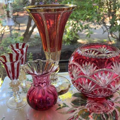Bohemian Moser Cabochon Cut Art Glass Cranberry Gilt Vase/Ofnar Crystal Bowl Vase & Others 