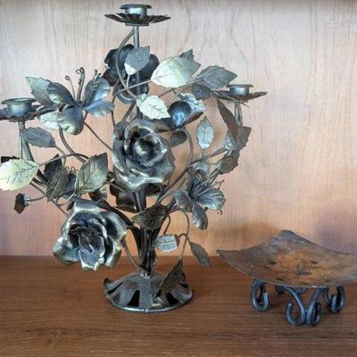 Metal Rose Candelabra And Pillar Candle Stand