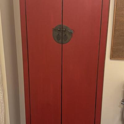 Red Painted Tall Cabinet with Asian Brass Detail