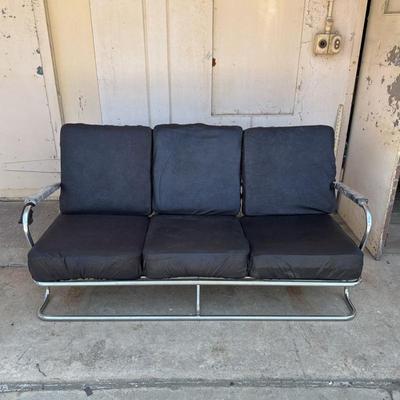 Loyd, Art Deco Streamline Sofa with Chrome Frame and Covered Black Vinyl Cushions