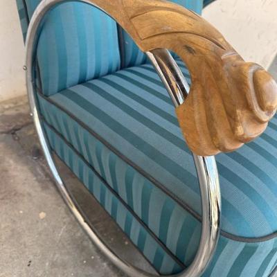 Rare Kem Weber Canadian Art Deco Upholstered Chair for Atlas Bedding, with Chrome Hoop Arms and Carved Wood Handles