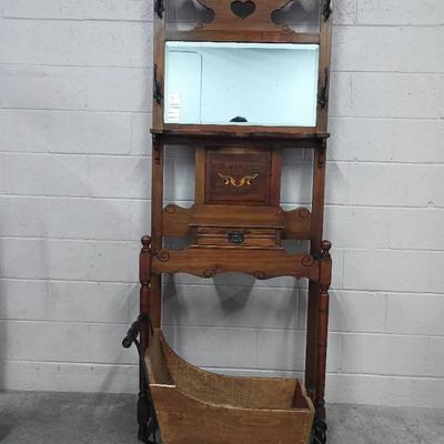 Antique Oak Hall Tree & Hardwood Doll Sleigh