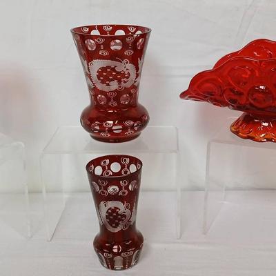 Bohemian Dark Red Glass Vases and Two Tone Fruit Bowl and Goɓlet