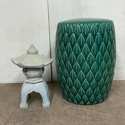Green Artichoke Ceramic Garden Stool & Pagoda Lantern 