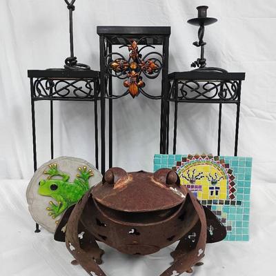 Trio Of Black Metal Plant Stands W/ Ceramic Tops And Several Southwest Decor Items