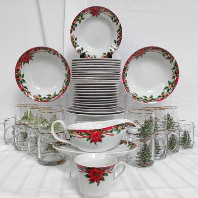 Spode Christmas Tree Mugs & Glasses W/ 28pc China Set by Sunflower Company
