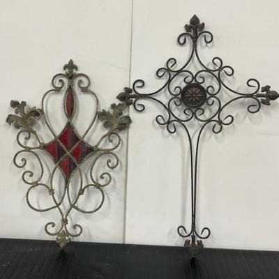 Scrolled Metal Cross & Wrought Iron Stained Glass Gothic Wall Decor