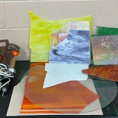 Stained Glass Pieces, Glass Stripper, Glastar Foiler, & Soldering Iron 