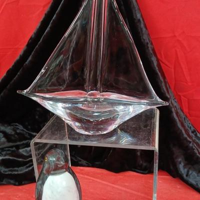 Murano 10" Glass Ship- Marble Penquin - Crystal Shell Paperweight