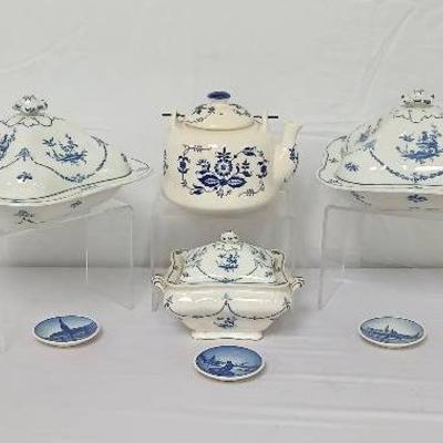 Vintage Blue and White Covered Bowls-Tea Pot- and 3 Mini Collectible Plates 