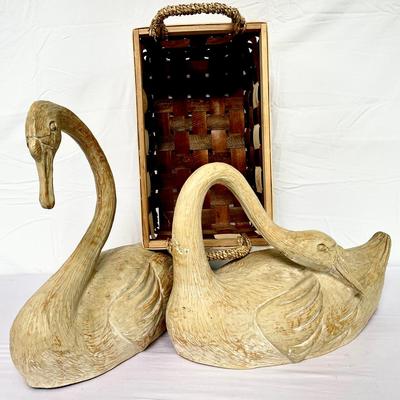Pair Of Large Swans & Woven Basket 