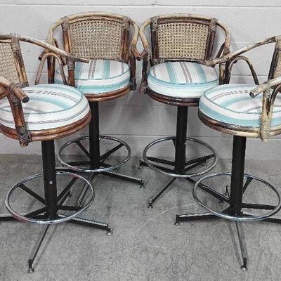 Mid-Century Upholstered Bamboo Barstool Quartet