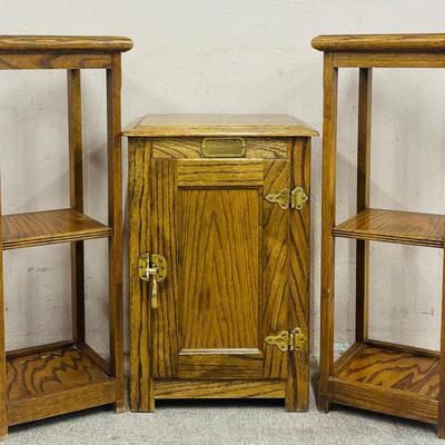 Vintage White Cloud Nightstand & Oak Plant Stands