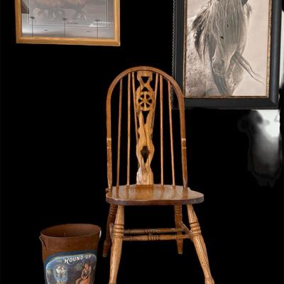 Chair, Framed Horse Prints, and Rustic Trash Bin