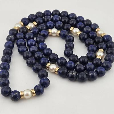 Vintage 14k Gold Pearl And Lapis Beaded Necklace 