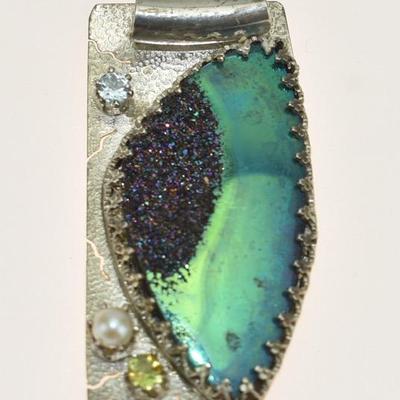 Signed Vintage Native American Sterling Silver Druzy, Peridot, Blue Topaz & Pearl Abstract Brooch