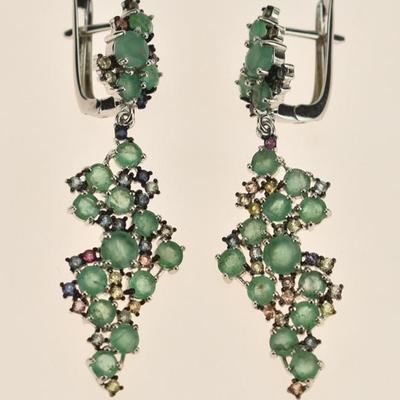 Pair of Sterling Silver Natural Unheated Emerald & Sapphire Dangle Earrings