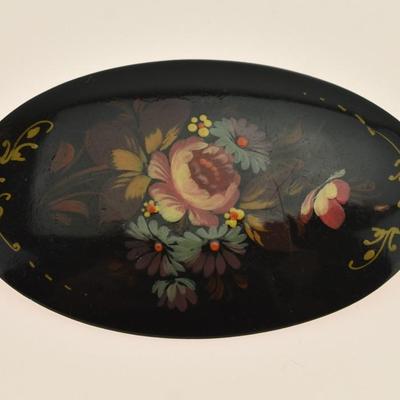 Vintage Russian Lacquer Painted Floral Brooch