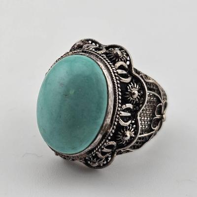 Sterling Silver 925 Turquoise Cabochon Filigree Ring