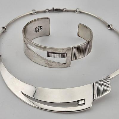 Vintage Sterling Silver 925 Modernist Necklace And Cuff Bracelet Set