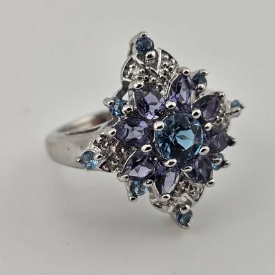 Topaz Tanzinite And Diamond Cluster Sterling Silver 925 Ring