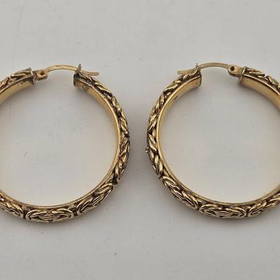 Sterling Silver 925 Gold Vermeil Ornate Hoop Earrings 